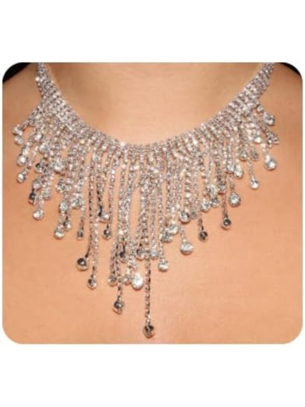 Luxury Rhinestone Fringe Choker Necklace - Adjustable Crystal Tassel for